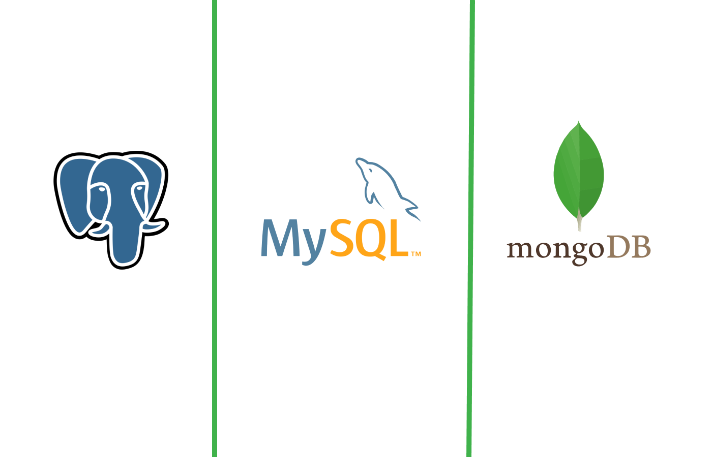 PostgreSQL & MyQSL & MongoDB logos